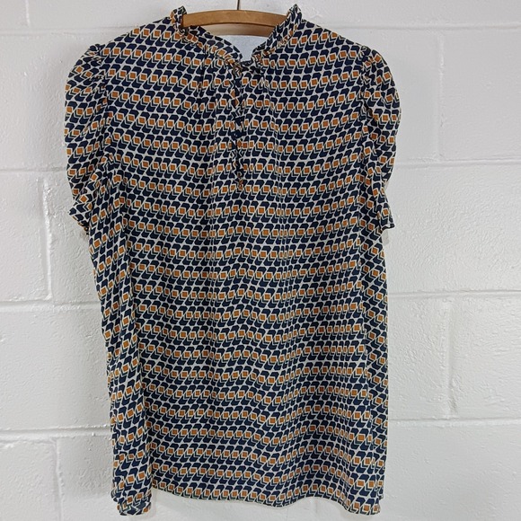 Ophelia Roe Blouse Navy Blue Yellow Green Geometric Polyester Women's Size 1X - Picture 3 of 9